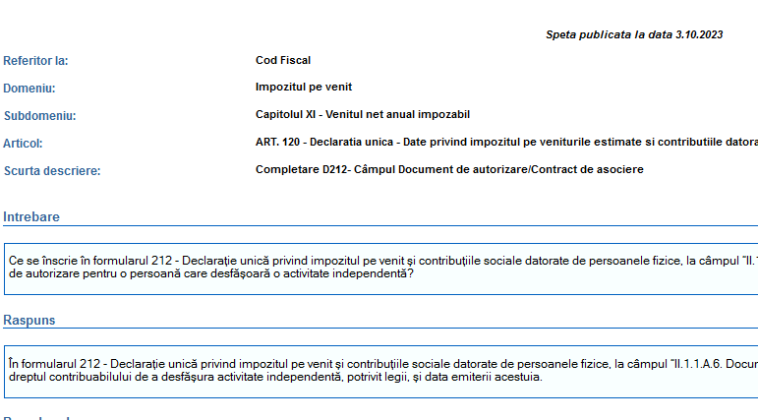 Completare Declarația Unică 212 Câmpul Document de autorizare