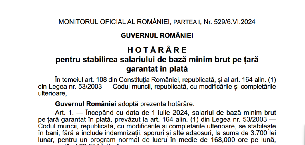 HG nr 598 2024 începând cu 01 07 2024 salariul de bază minim brut